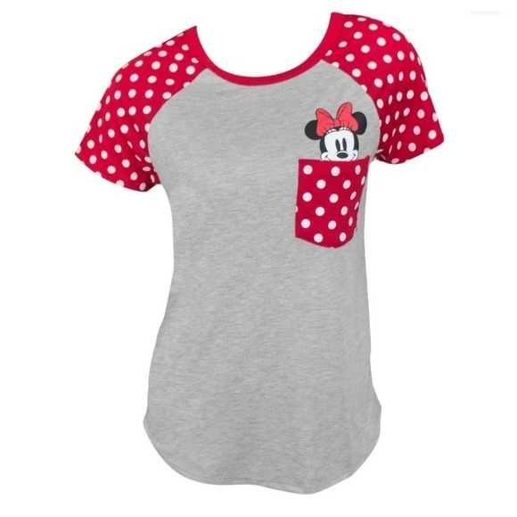Disney Tops - Disney Minnie Mouse Pocket Tee Women's 1X Gray Red White Polka Dot Sleeve NWT
